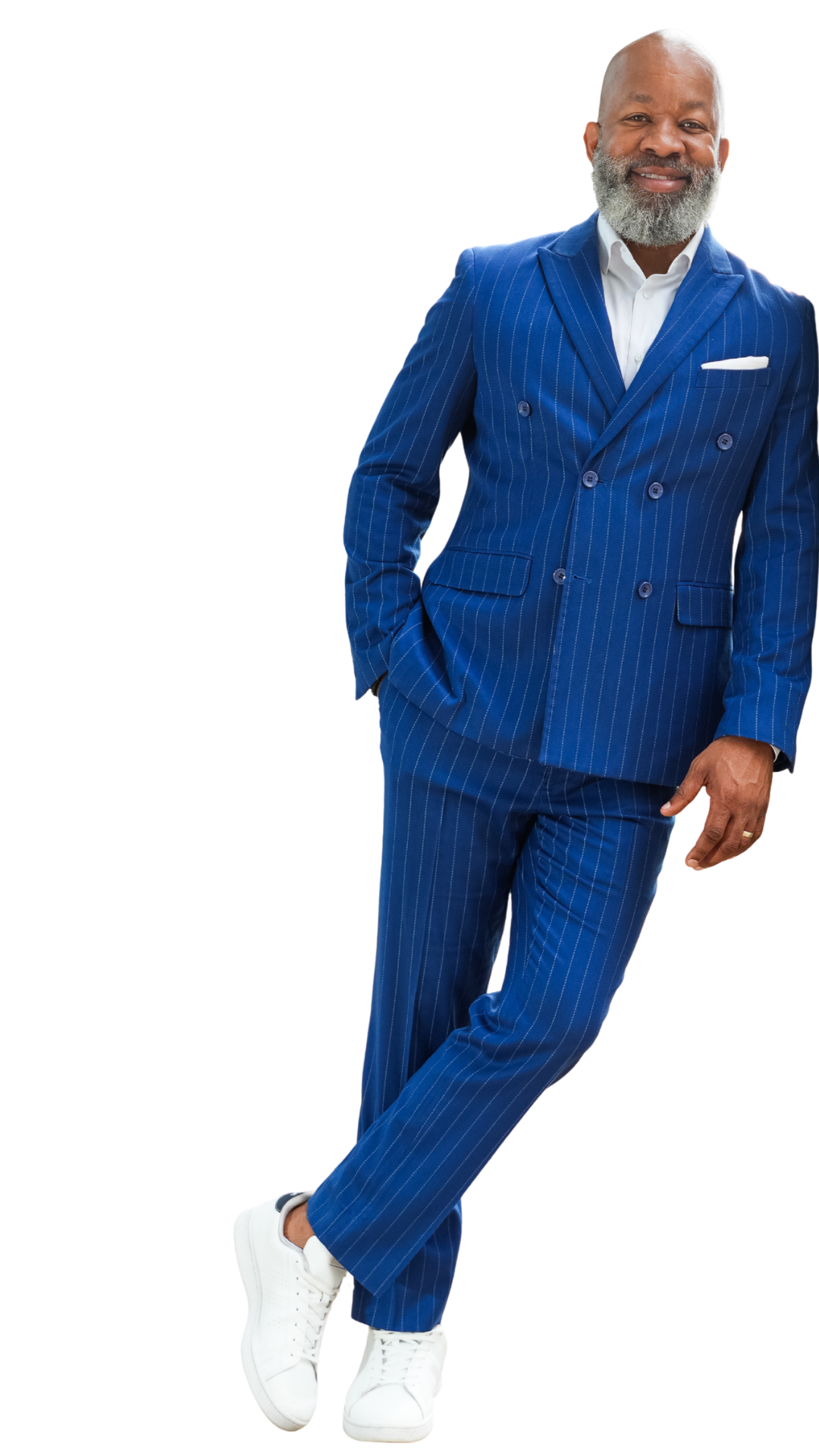 Robert Kennedy III, professional speaker, leaning casually in a blue pinstripe suit